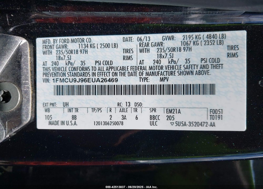 2014 FORD ESCAPE VIN: 1FMCU9J96EUA26469