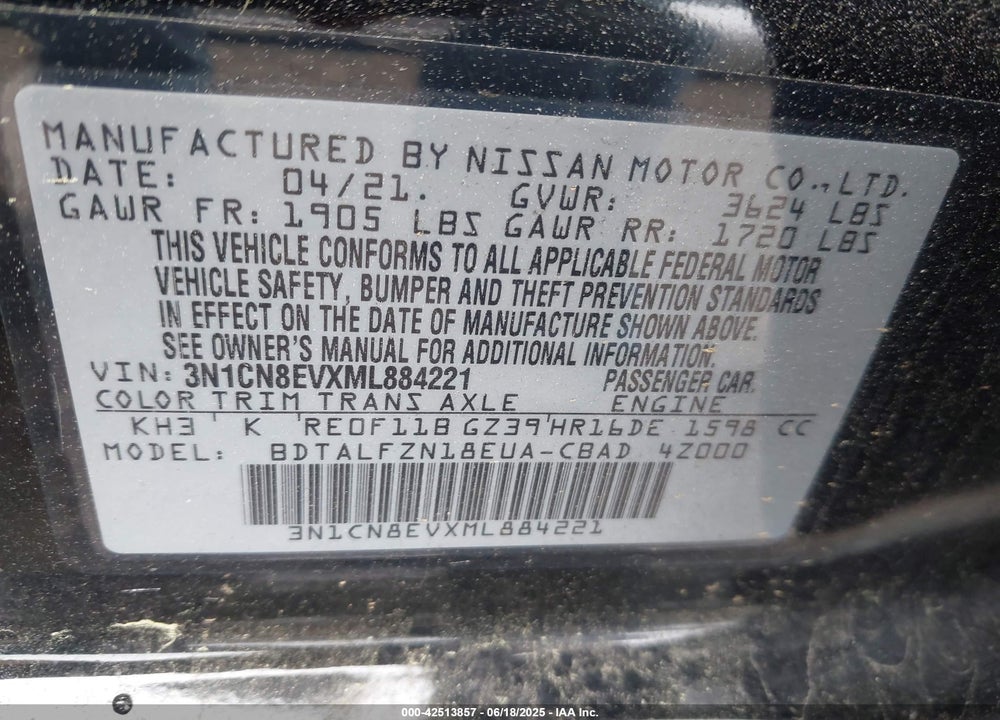 2021 NISSAN VERSA SV XTRONIC CVT VIN: 3N1CN8EVXML884221