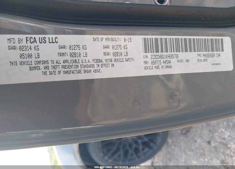 2019 DODGE CHARGER VIN: 2C3CDXBG1KH695726