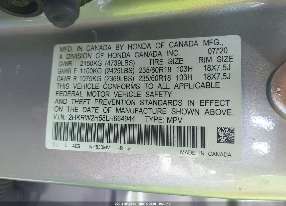 2020 HONDA CR-V VIN: 2HKRW2H58LH664944