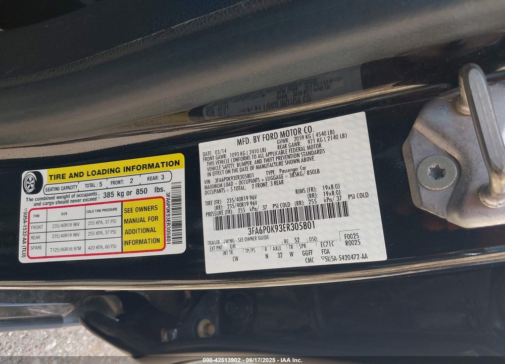 2014 FORD FUSION VIN: 3FA6P0K93ER305801