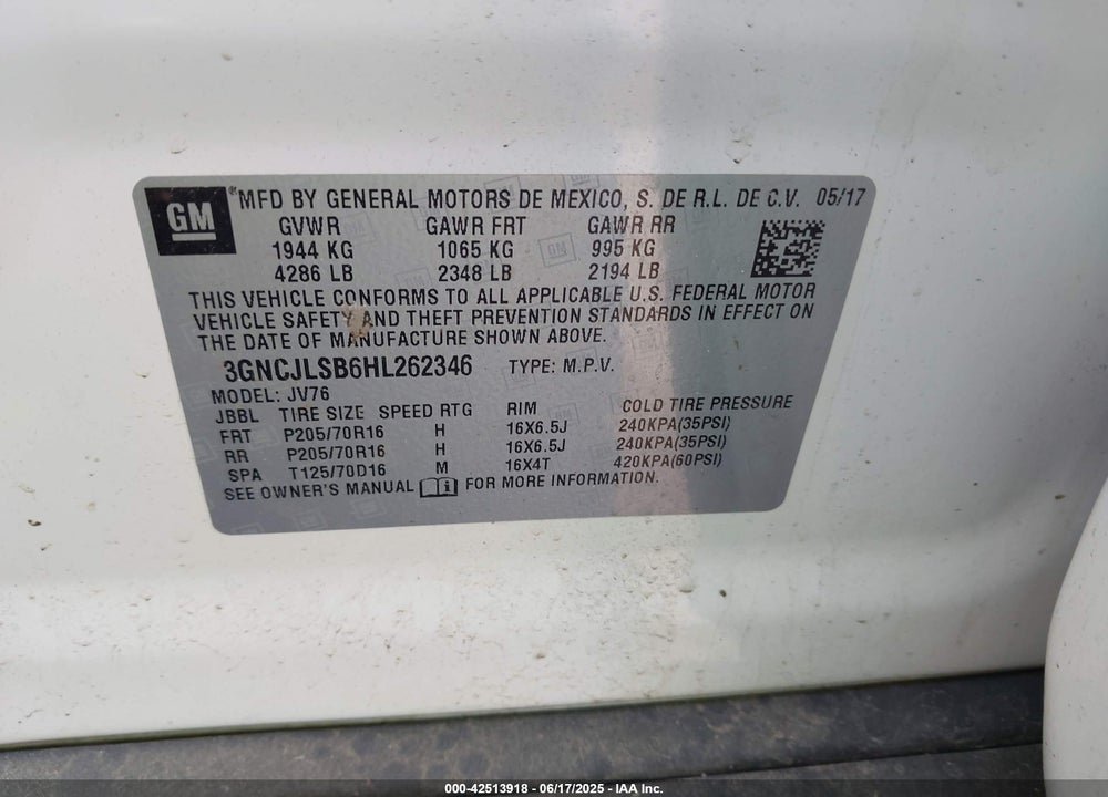 2017 CHEVROLET TRAX LT VIN: 3GNCJLSB6HL262346