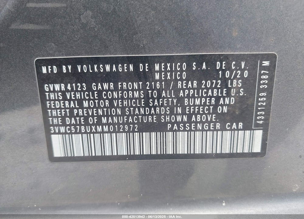 2021 VOLKSWAGEN JETTA VIN: 3VWC57BUXMM012972