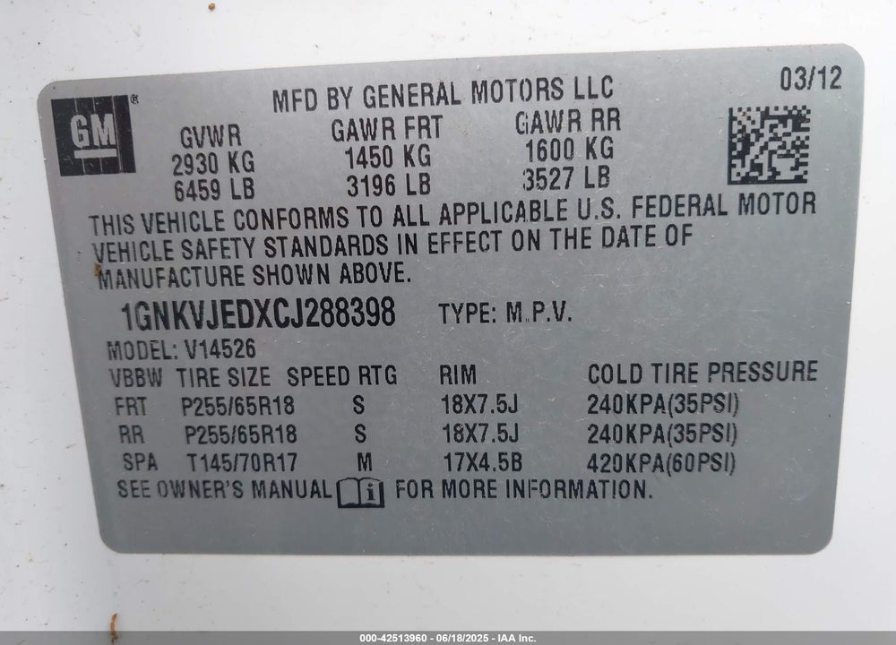 2012 CHEVROLET TRAVERSE 2LT VIN: 1GNKVJEDXCJ288398
