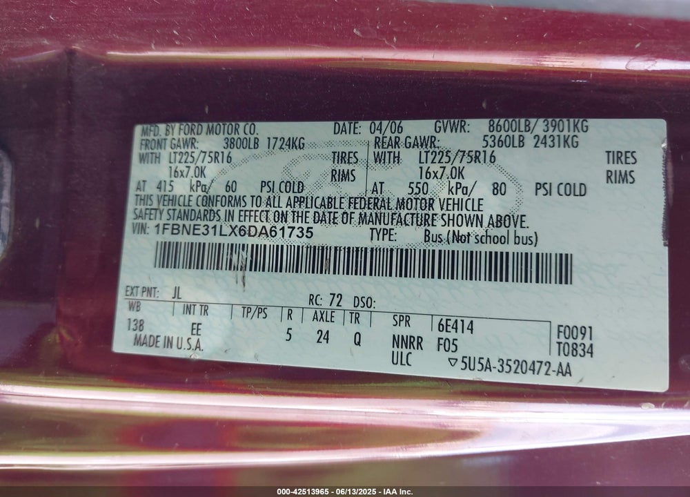 2006 FORD E-350 SUPER DUTY CHATEAU/XL/XLT VIN: 1FBNE31LX6DA61735