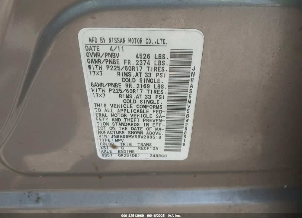 2011 NISSAN ROGUE SV VIN: JN8AS5MV5BW298518