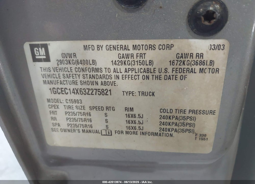2003 CHEVROLET SILVERADO 1500 WORK TRUCK VIN: 1GCEC14X63Z275821