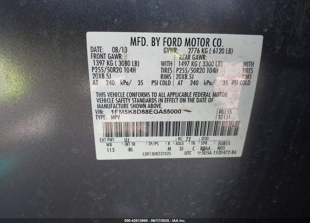 2014 FORD EXPLORER XLT VIN: 1FM5K8D88EGA55000