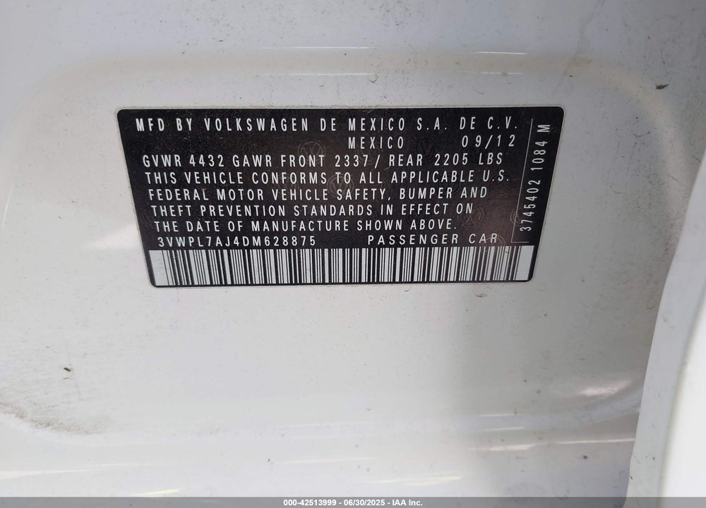 2013 VOLKSWAGEN JETTA SPORTWAGEN VIN: 3VWPL7AJ4DM628875