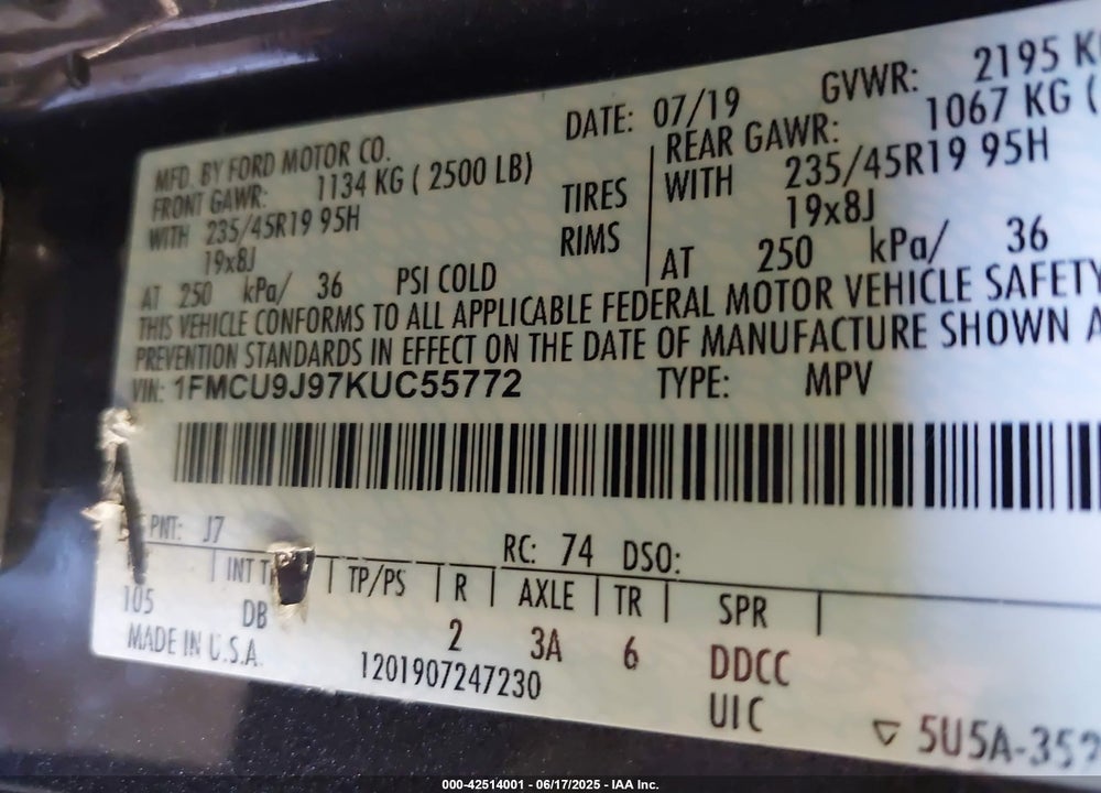 2019 FORD ESCAPE VIN: 1FMCU9J97KUC55772