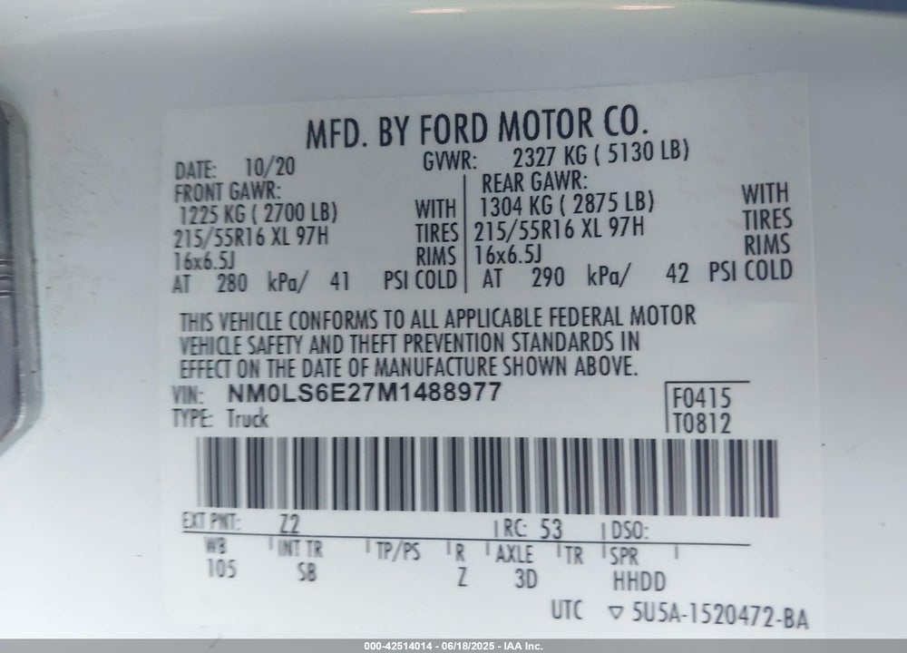 2021 FORD TRANSIT CONNECT XL VIN: NM0LS6E27M1488977