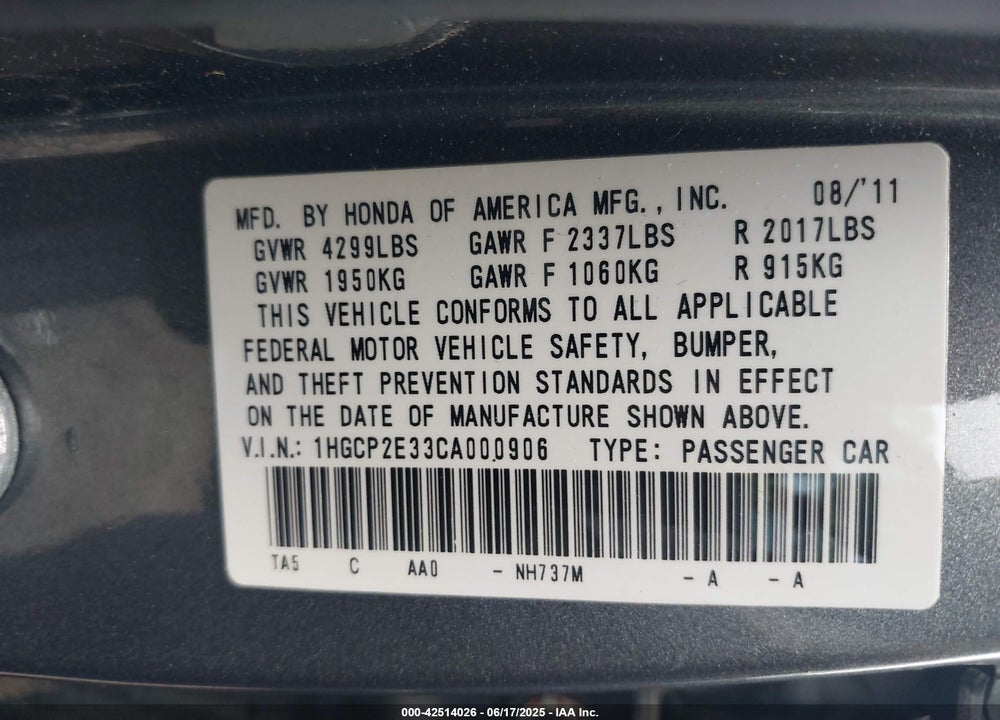 2012 HONDA ACCORD VIN: 1HGCP2E33CA000906