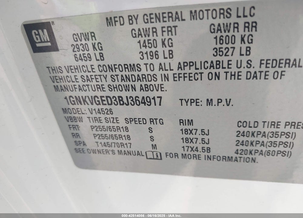 2011 CHEVROLET TRAVERSE VIN: 1GNKVGED3BJ364917