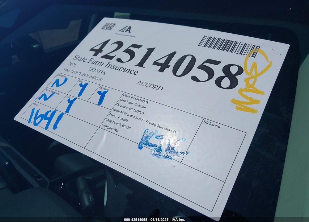 2025 HONDA ACCORD VIN: 1HGCY2F63SA036292