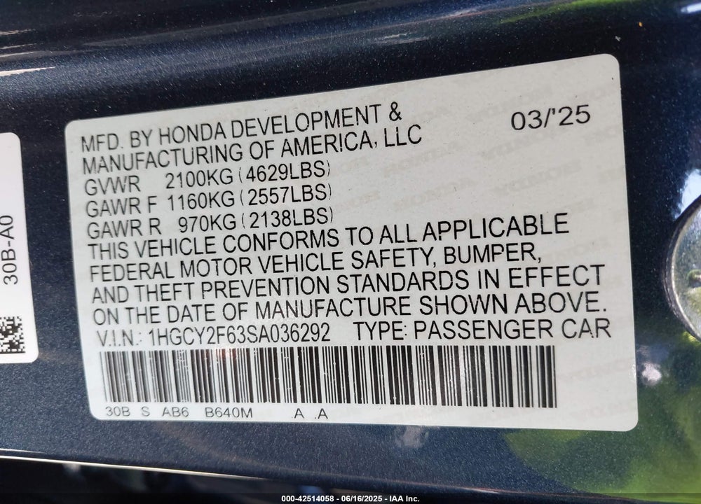 2025 HONDA ACCORD VIN: 1HGCY2F63SA036292