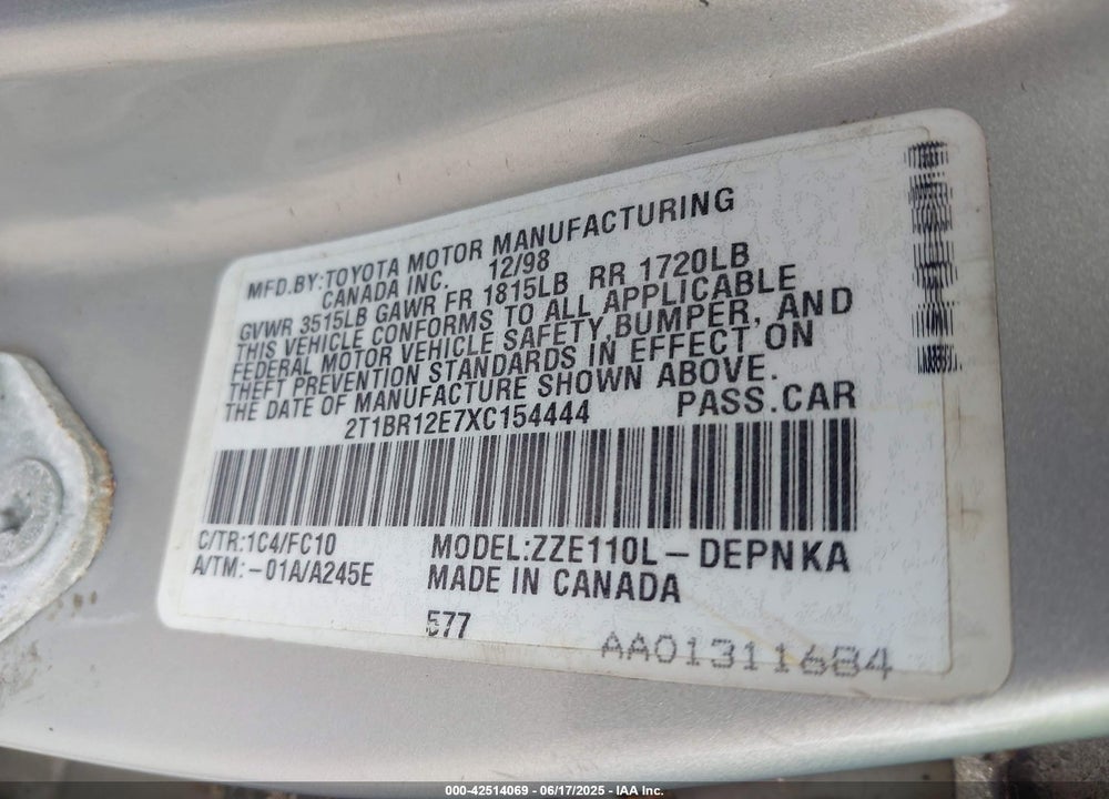 1999 TOYOTA COROLLA LE VIN: 2T1BR12E7XC154444