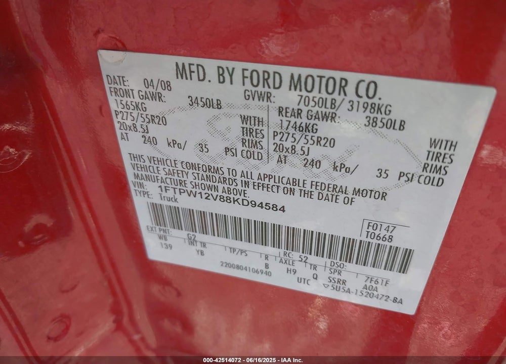 2008 FORD F-150 VIN: 1FTPW12V88KD94584