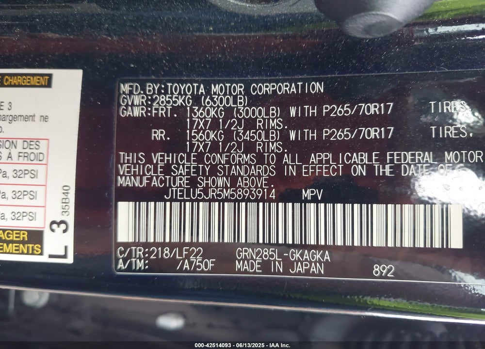 2021 TOYOTA 4RUNNER TRD PRO VIN: JTELU5JR5M5893914