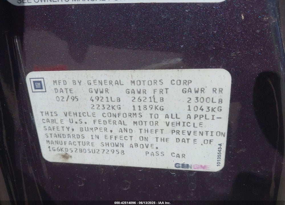1995 CADILLAC DEVILLE VIN: 1G6KD52B0SU272958