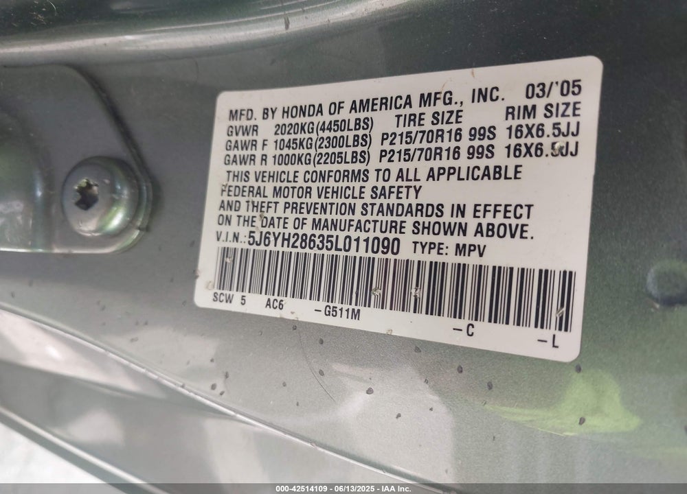 2005 HONDA ELEMENT EX VIN: 5J6YH28635L011090