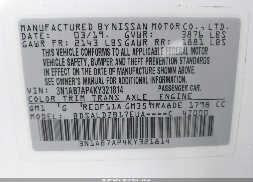 2019 NISSAN SENTRA SV VIN: 3N1AB7AP4KY321814