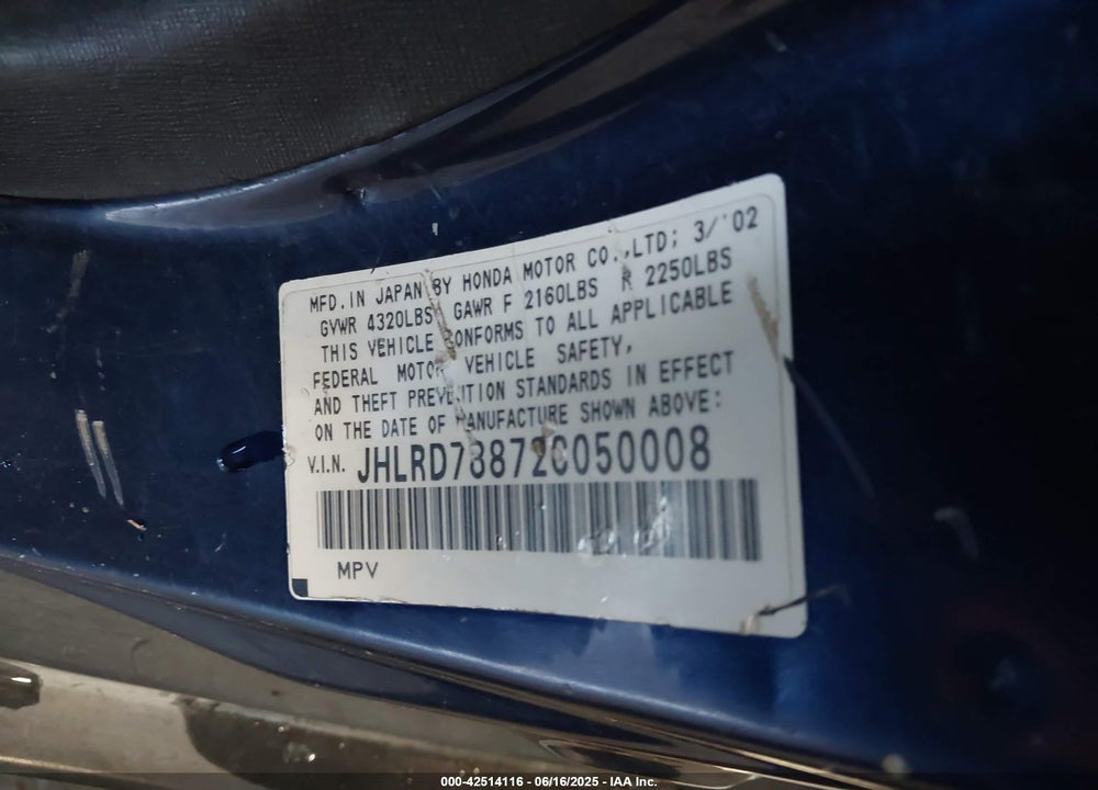 2002 HONDA CR-V EX VIN: JHLRD78872C050008