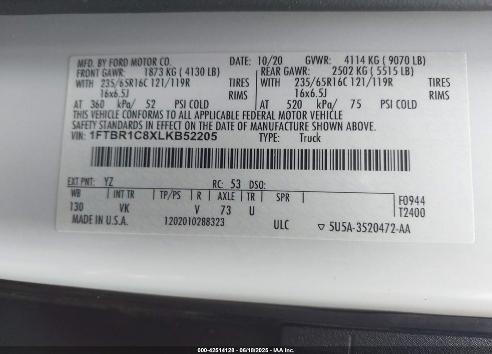 2020 FORD TRANSIT-250 VIN: 1FTBR1C8XLKB52205