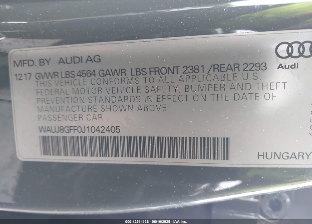 2018 AUDI A3 VIN: WAUJ8GFF0J1042405