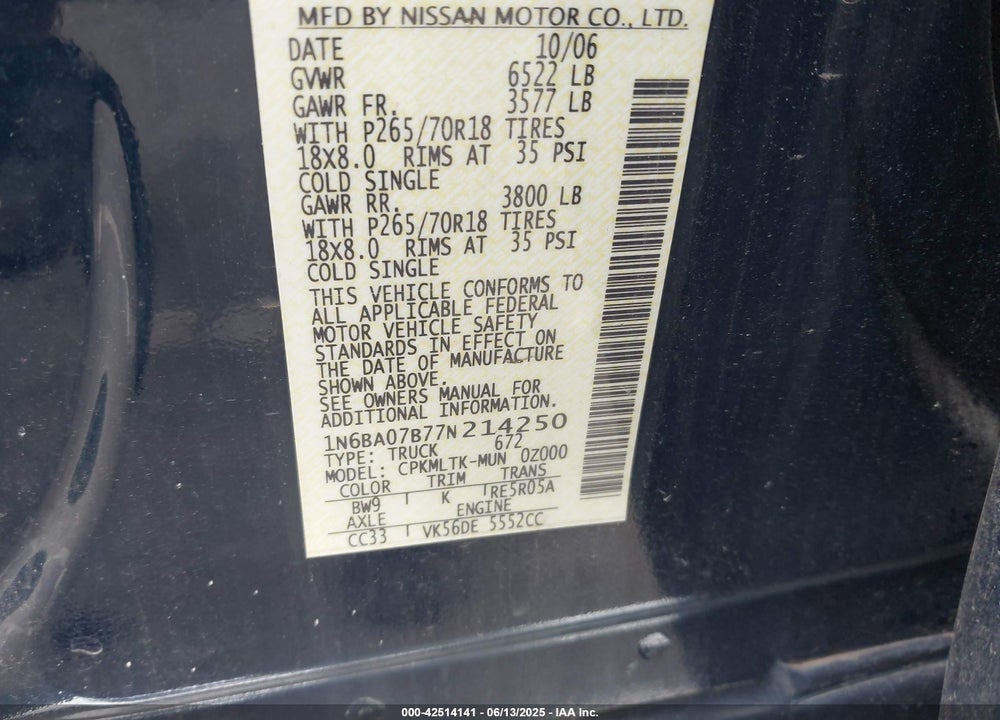 2007 NISSAN TITAN VIN: 1N6BA07B77N214250