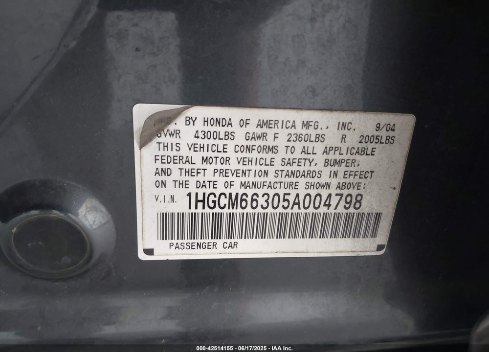 2005 HONDA ACCORD 3.0 LX VIN: 1HGCM66305A004798