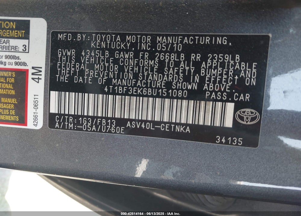 2011 TOYOTA CAMRY LE VIN: 4T1BF3EK6BU151080