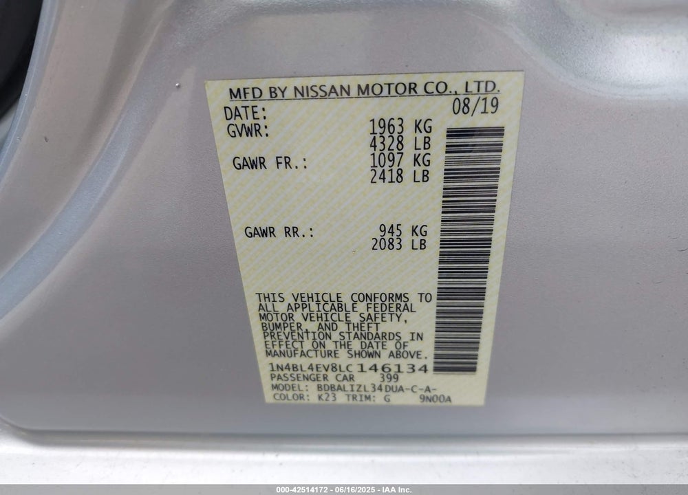 2020 NISSAN ALTIMA VIN: 1N4BL4EV8LC146134