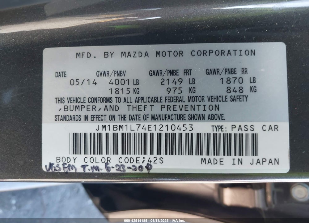 2014 MAZDA MAZDA3 VIN: JM1BM1L74E1210453