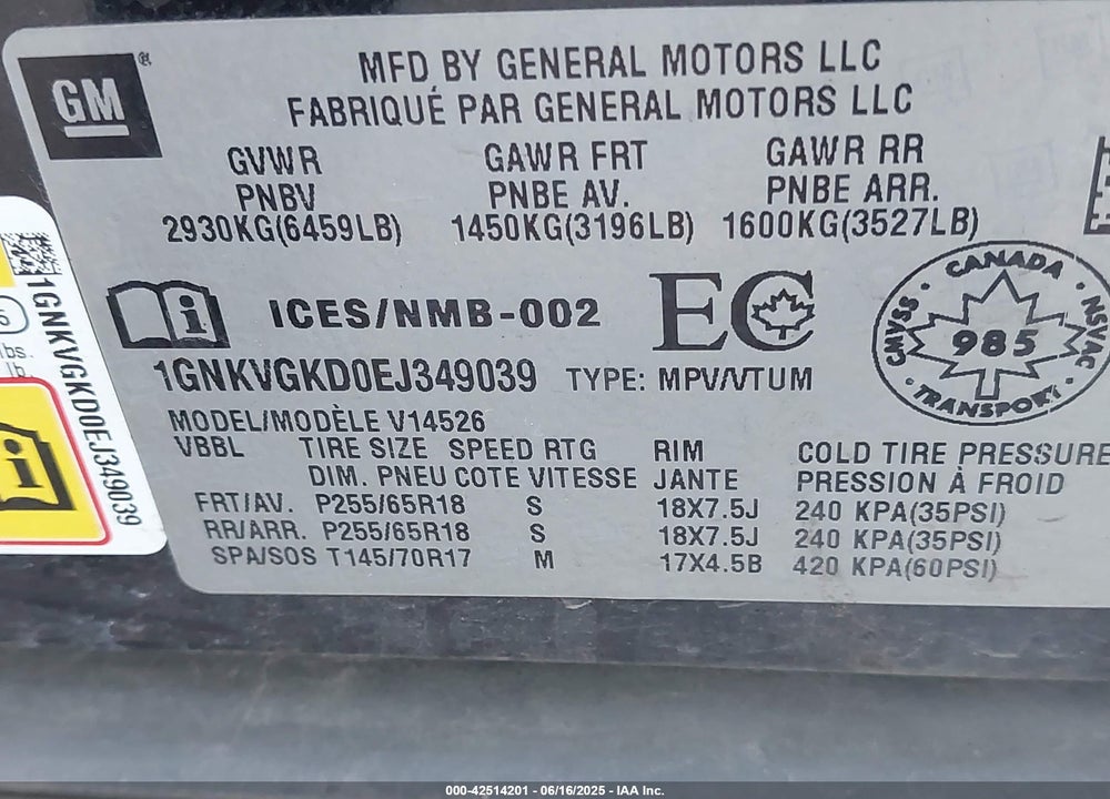 2014 CHEVROLET TRAVERSE VIN: 1GNKVGKD0EJ349039