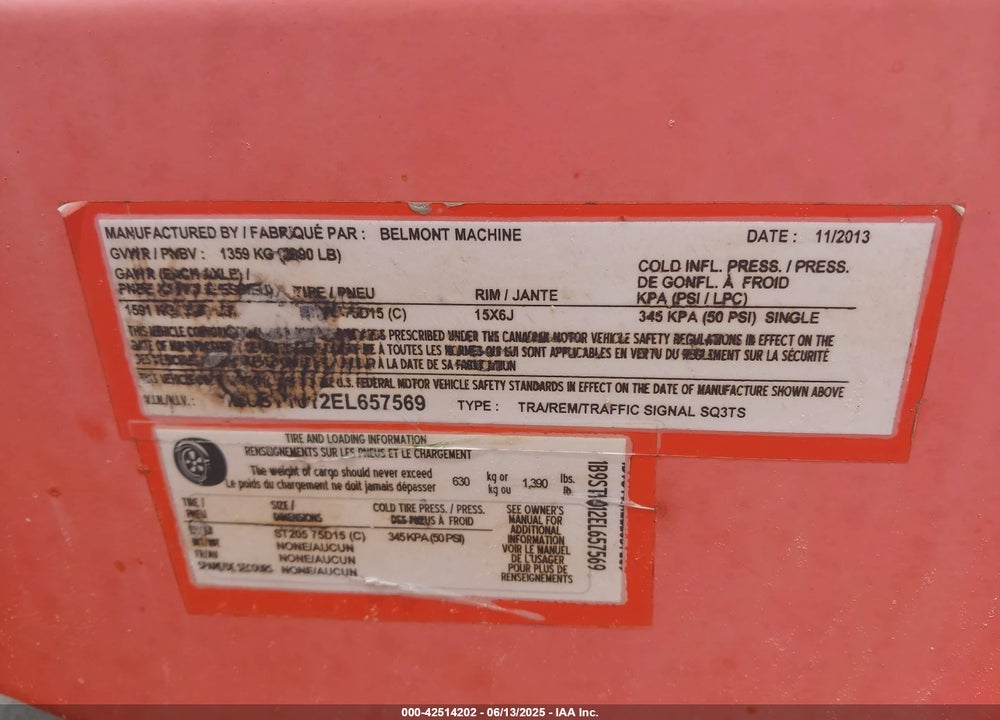 2013 BELL MACHINE TRAFFIC SIGNAL VIN: 2EL657560