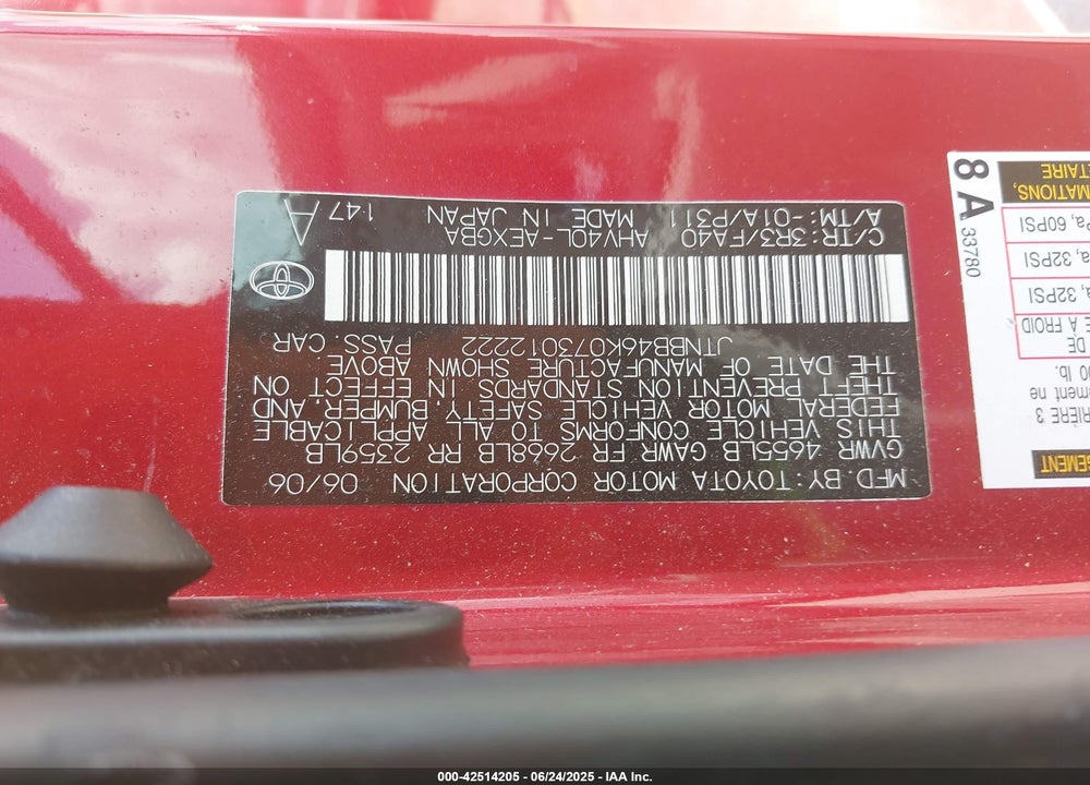 2007 TOYOTA CAMRY HYBRID VIN: JTNBB46K073012222