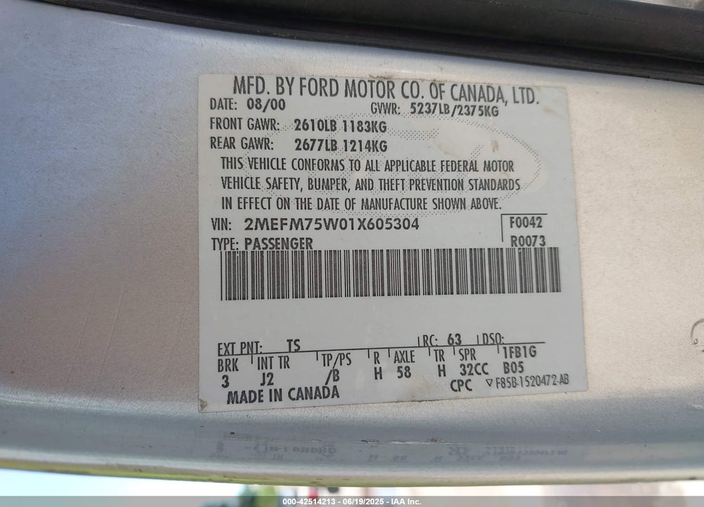 2001 MERCURY GRAND MARQUIS LS VIN: 2MEFM75W01X605304