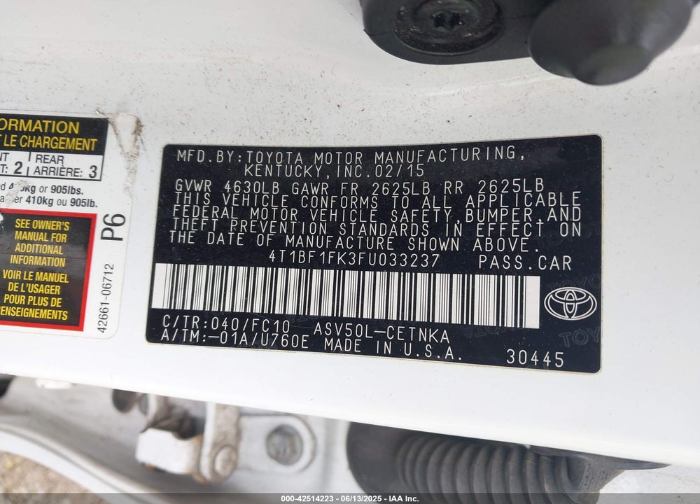 2015 TOYOTA CAMRY VIN: 4T1BF1FK3FU033237