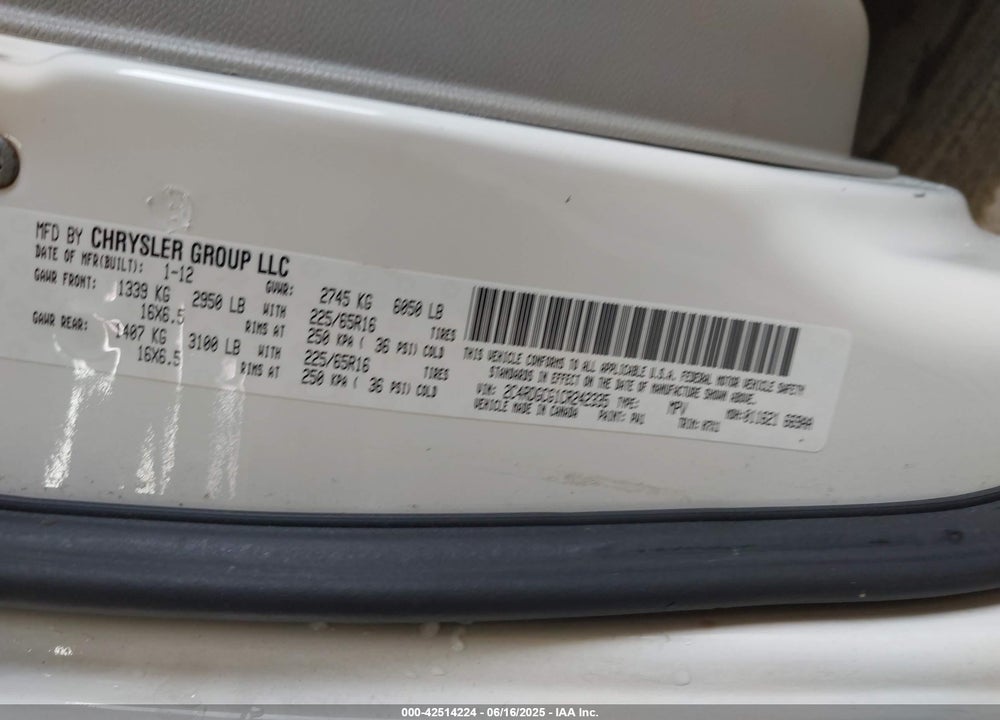 2012 DODGE GRAND CARAVAN SXT VIN: 2C4RDGCG1CR242335