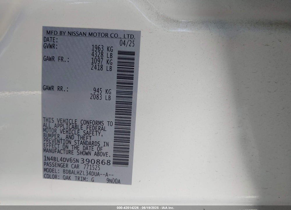 2025 NISSAN ALTIMA SV FWD VIN: 1N4BL4DV6SN390868
