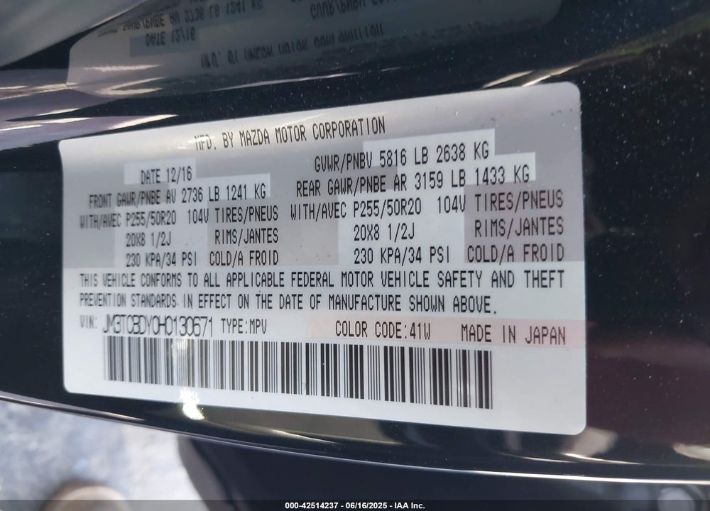 2017 MAZDA CX-9 GRAND TOURING VIN: JM3TCBDY0H0130671