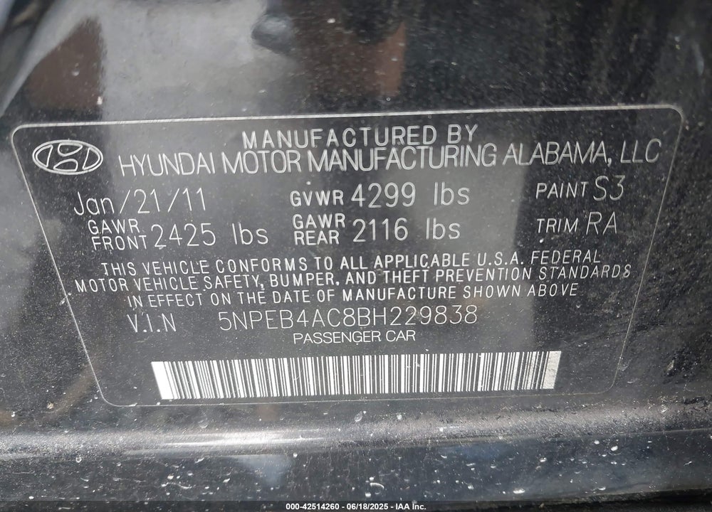 2011 HYUNDAI SONATA VIN: 5NPEB4AC8BH229838