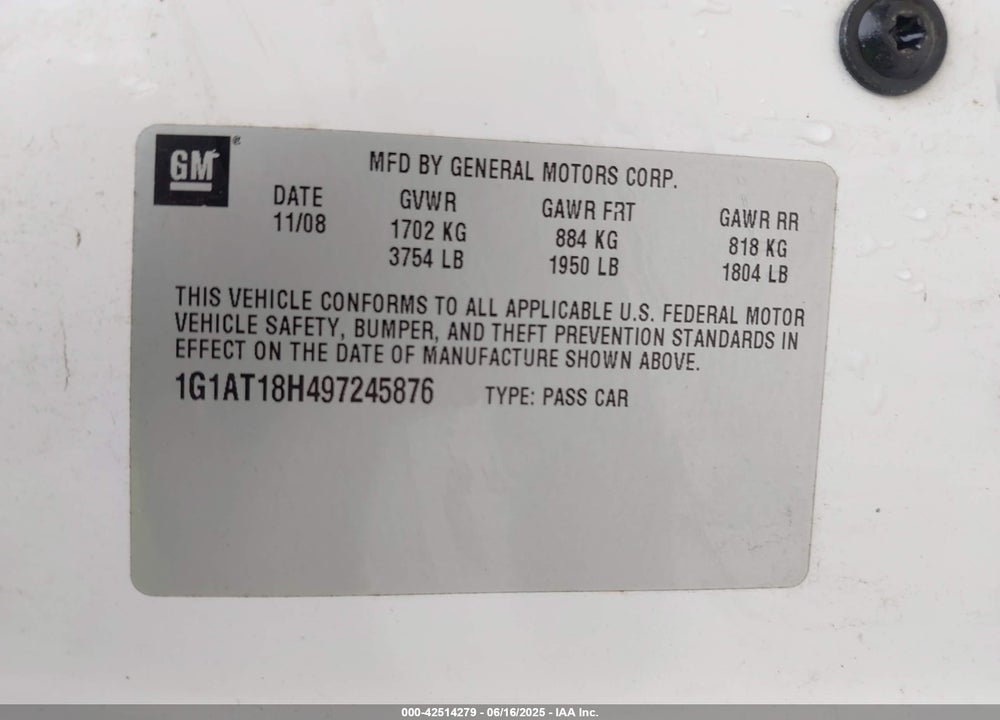 2009 CHEVROLET COBALT VIN: 1G1AT18H497245876