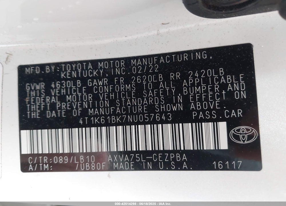 2022 TOYOTA CAMRY VIN: 4T1K61BK7NU057643