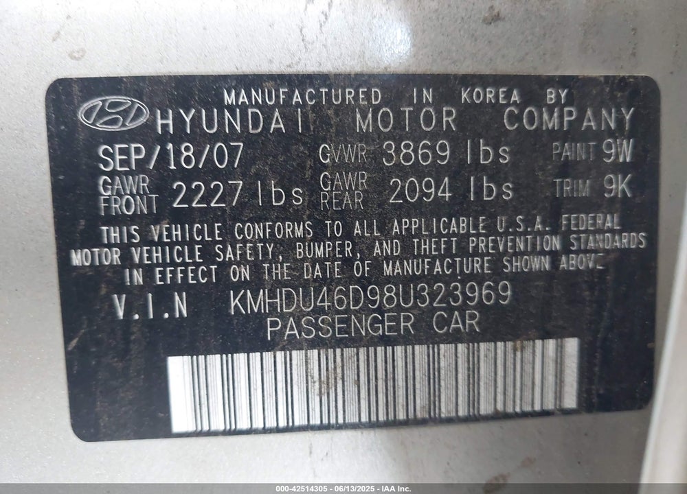 2008 HYUNDAI ELANTRA VIN: KMHDU46D98U323969