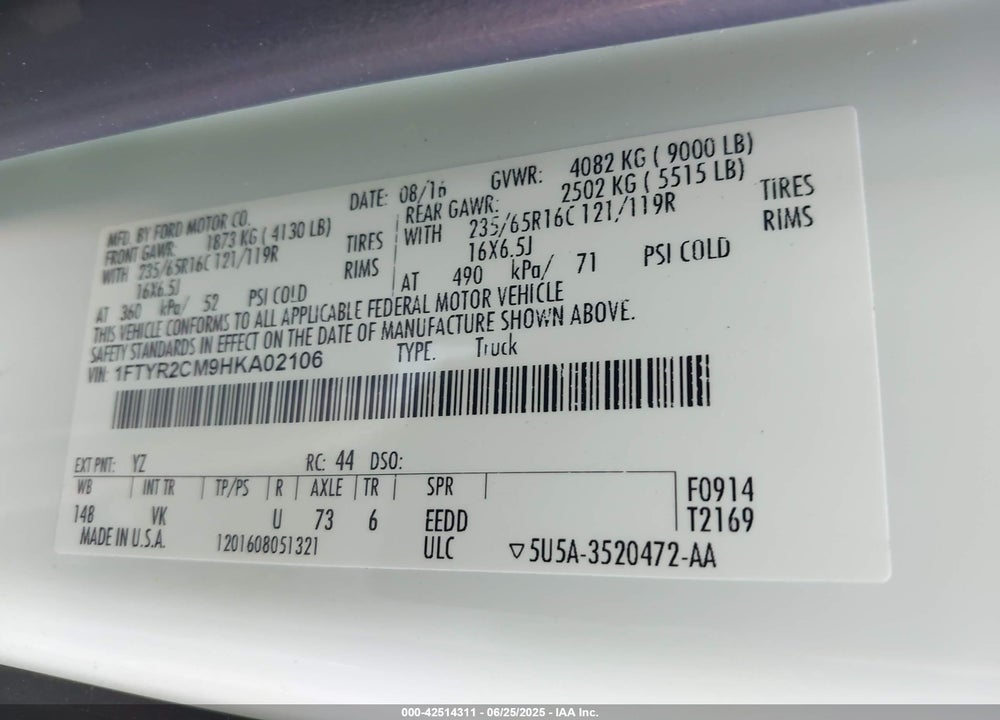 2017 FORD TRANSIT-250 VIN: 1FTYR2CM9HKA02106