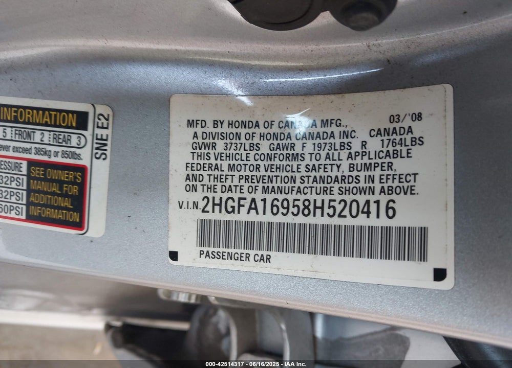 2008 HONDA CIVIC EX-L VIN: 2HGFA16958H520416