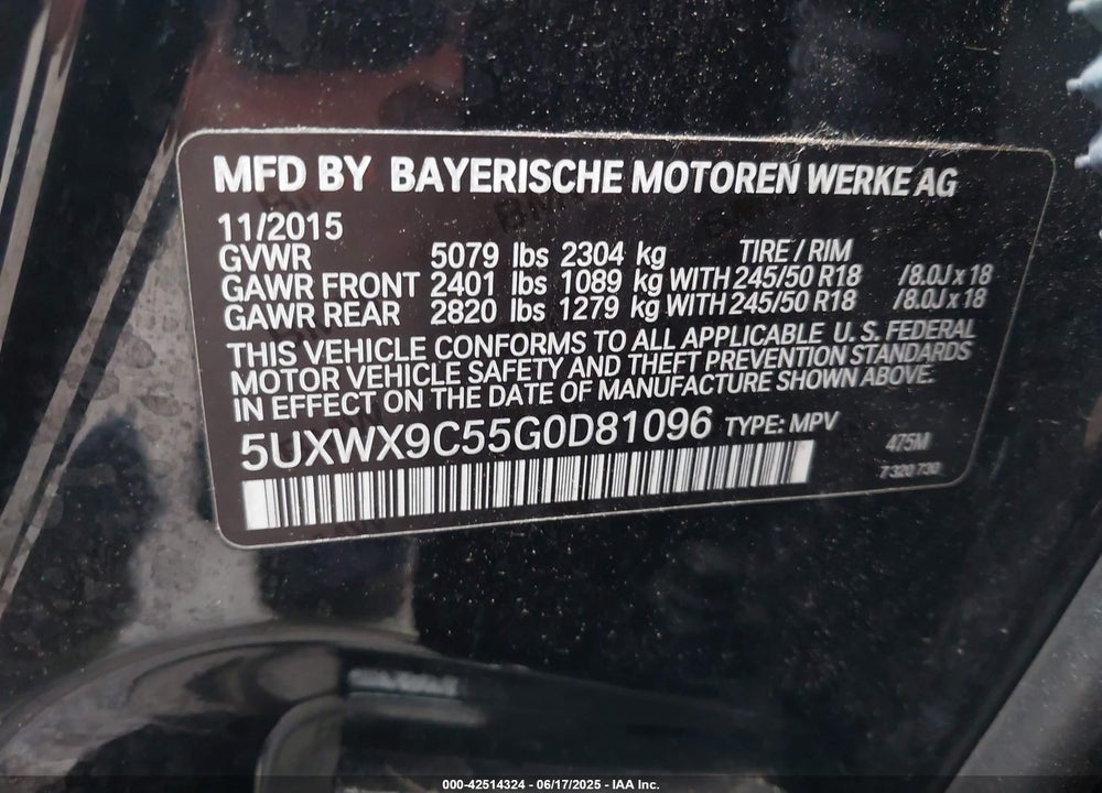 2016 BMW X3 VIN: 5UXWX9C55G0D81096