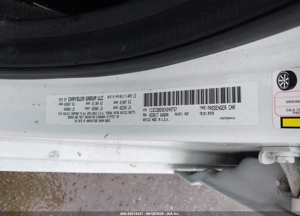 2012 CHRYSLER 200 VIN: 1C3CCBBG9CN249757