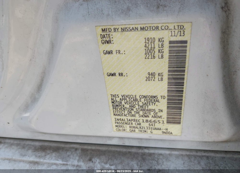 2014 NISSAN ALTIMA VIN: 1N4AL3AP8EC186651
